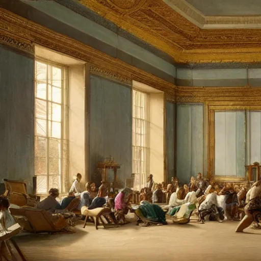 Image similar to A beautiful body art of a large room with many people in it. There is a lot of activity going on, with people talking and moving around. The room is ornately decorated and there is a large window at one end. cartoon by William Trost Richards minimalist, CGI