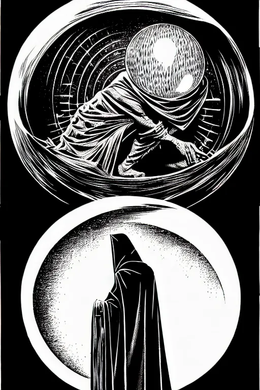 Image similar to side view of wizard in a hooded cloak gazing into a crystal ball, high details, intricately detailed, by vincent di fate, inking, 3 color screen print, masterpiece, trending on artstation, sharp, details, hyper - detailed, hd, 4 k, 8 k