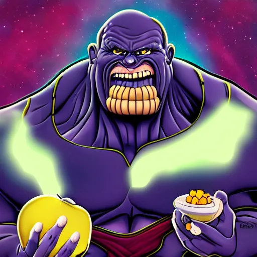 Image similar to caricature of thanos eating apple in galaxy, 8 k, digital art, artstation, detalied, high quality,