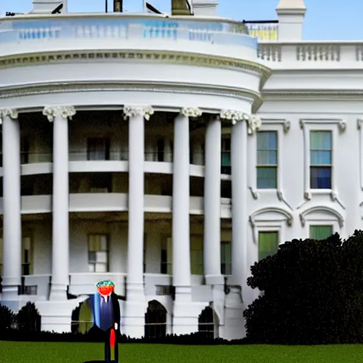 Image similar to skinny donald trump on the white house lawn realistic, detailed, high quality, photorealism, 8k