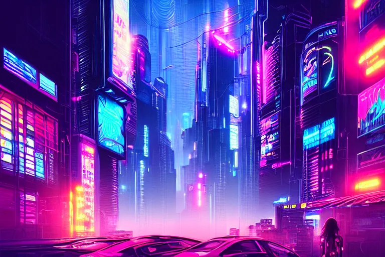 Image similar to painting of a modern cyberpunk city, neon lights, fine details, magali villeneuve, artgerm, rutkowski