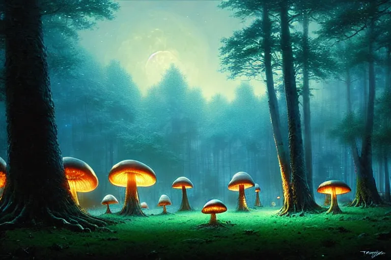 Prompt: moon night; giant mushrooms instead trees forest, glowing blue By Greg Rutkowski, Thomas Kinkade