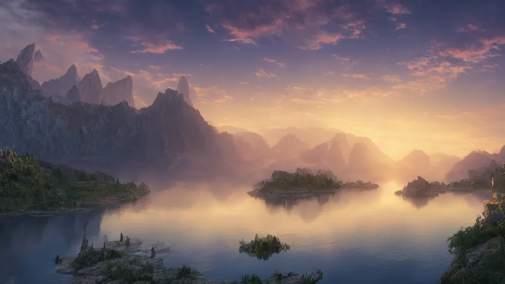 Image similar to amazing landscape with lake in sunset, fantasy artwork, very very very beautiful scenery, hd, hdr, ue5, ue6, unreal engine 5, cinematic 4k wallpaper, 8k, ultra detailed, high resolution, artstation, award winning