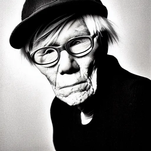 Prompt: Portrait of an aged elderly Andy Warhol, taken in the 2000s, photo taken on a 2000s camera, grainy, real life, hyperrealistic, ultra realistic, realistic, highly detailed, epic, HD quality, 8k resolution, body and headshot, film still, front facing, front view, headshot and bodyshot, detailed face, very detailed face