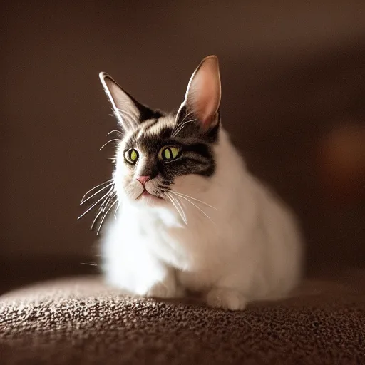 Image similar to a cross between a cat and a rabbit, photography, f / 1 6, 2 2 mm lens, soft lighting
