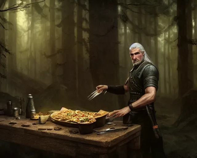 Image similar to 5 5 mm portrait photo of geralt of rivia serving shawarma, in a magical forest. dark atmosphere. art by greg rutkowski. highly detailed 8 k. intricate. lifelike. soft light. nikon d 8 5 0.