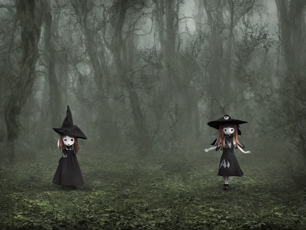 Prompt: cute gothic fumo plush witch girl ventures deep into the forbidden forest, ancient overgrown pagan monument summoning circle, volumetric fog and smoke, the bog of dark abyss, vray