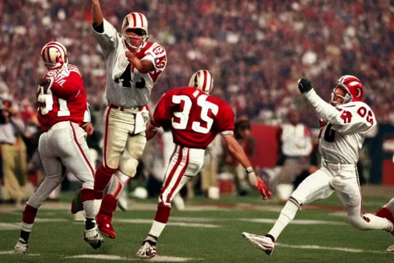 Prompt: joe montana throwing a baby for the winning touchdown superbowl 1 9 9 4