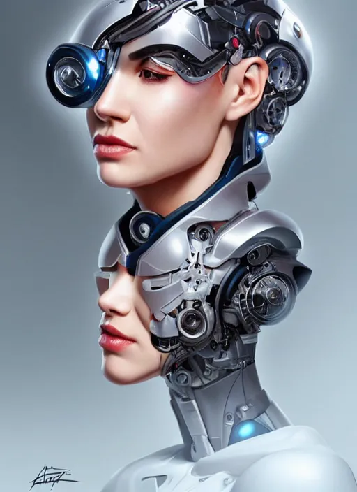 Image similar to portrait of a cyborg woman who turns her head to the ((((((right))))) left+100 (((((up))))) (((((down))))) by Artgerm,eyes closed , biomechanical, hyper detailled, trending on artstation