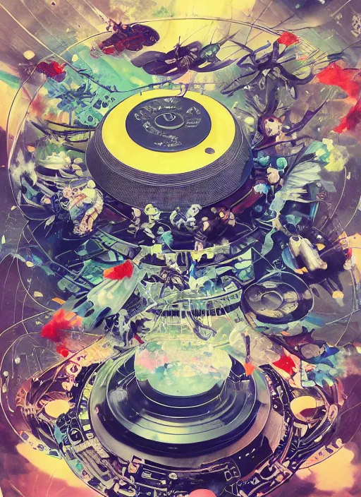 Prompt: surreal gouache painting, by yoshitaka amano, by ruan jia, by Conrad roset, by good smile company, detailed anime 3d render of a magical round flying Vinyl Discos , DJ Mixer, deck surrounded by Dragonfly,flying discos , controller, portrait, cgsociety, artstation, rococo mechanical and Digital and electronic, dieselpunk atmosphere