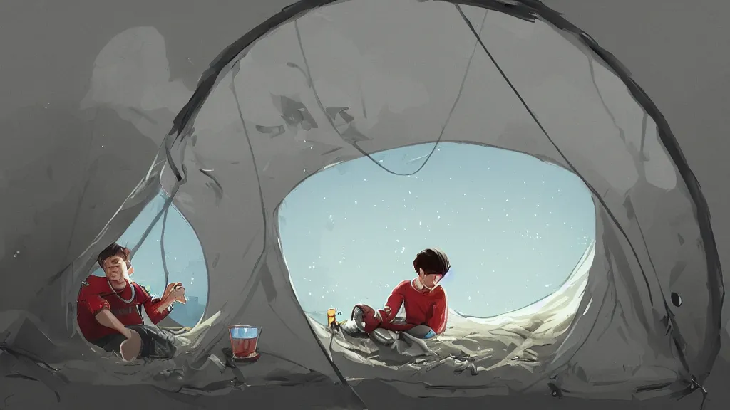 Image similar to an illustration of a teenage kid in a tent, drunk and vomiting all around his tent, fisheye lens, high contrast, highly detailed, sharp focus, digital painting, 3 d art, illustration, trending on artstation,