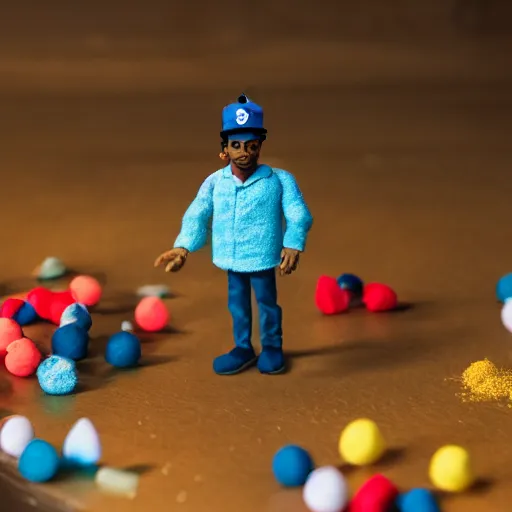 Image similar to a cinematic film still of a claymation stop motion film starring chance the rapper as a college student, shallow depth of field, 8 0 mm, f 1. 8