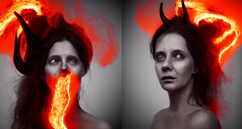 Prompt: portrait of a woman with horns made of flames in the wisps of thick smoke, looking into the camera, nightmare fuel, studio photography, studio lighting, realistic render, octane render, 4 k, 8 k, face in focus