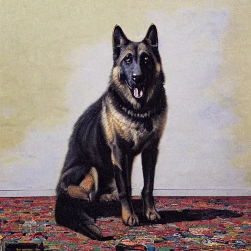 Prompt: a oil painting of a humanoid german shepherd beast - man, wearing military outfit, sitting on the carpeted floor beside a bed