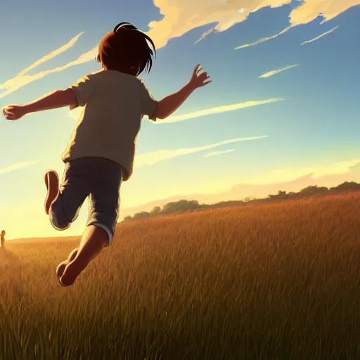 Prompt: A kid jumping over a wooden fence at golden hour in a plain grass field, by Makoto Shinkai and thomas kinkade, digital painting, Matte painting, trending on artstation and unreal engine