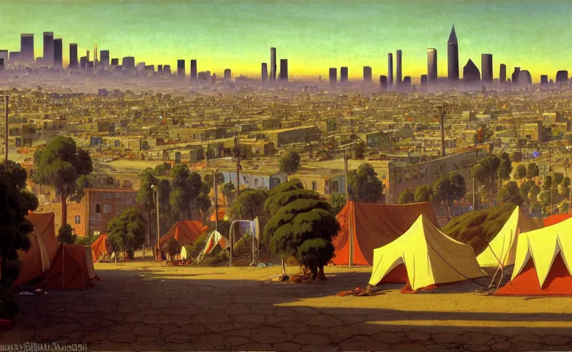 Prompt: ghibli illustrated background of strikingly beautiful skid row, los angeles, california, with strange city skyline is seen in the distance, tents, streets by vasily polenov, eugene von guerard, ivan shishkin, albert edelfelt, john singer sargent, albert bierstadt 4 k, ultra wide