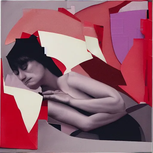 Image similar to by frank gehry crimson a e s t h e t i c, dreary. a collage of a woman reclining on a bed.