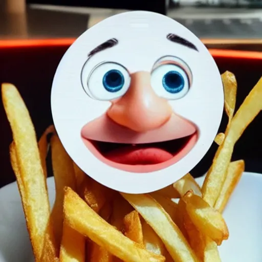 Image similar to photo of [ a single salted french fry chip ] shaped like that looks like stephen fry as a pixar character hybrid intercross mix cinematic lighting