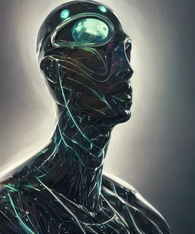 Image similar to a man turning into an android portrait wearing a part cybernetic body, surrealism, scifi, intricate, elegant, sharp eyebrows, highly detailed cybernetic body, neon glowing eyes, digital painting, artstation, concept art, smooth, sharp focus, illustration, art by artgerm and moebius and peter mohrbacher