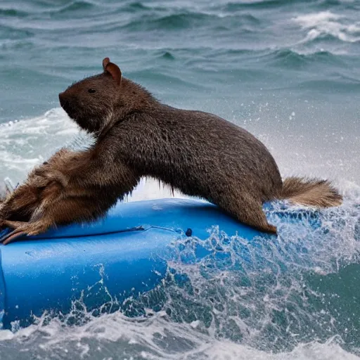 Image similar to wombat playing chess or a raft in stormy seas realistic waves