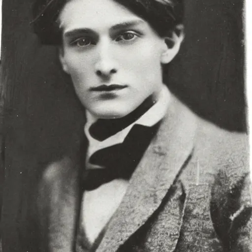 Image similar to headshot edwardian photograph of dorian gray, extremely handsome, 1 9 2 0 s, realistic face, 1 8 9 0 s, 1 9 0 0 s, very grainy, slightly blurry, victorian