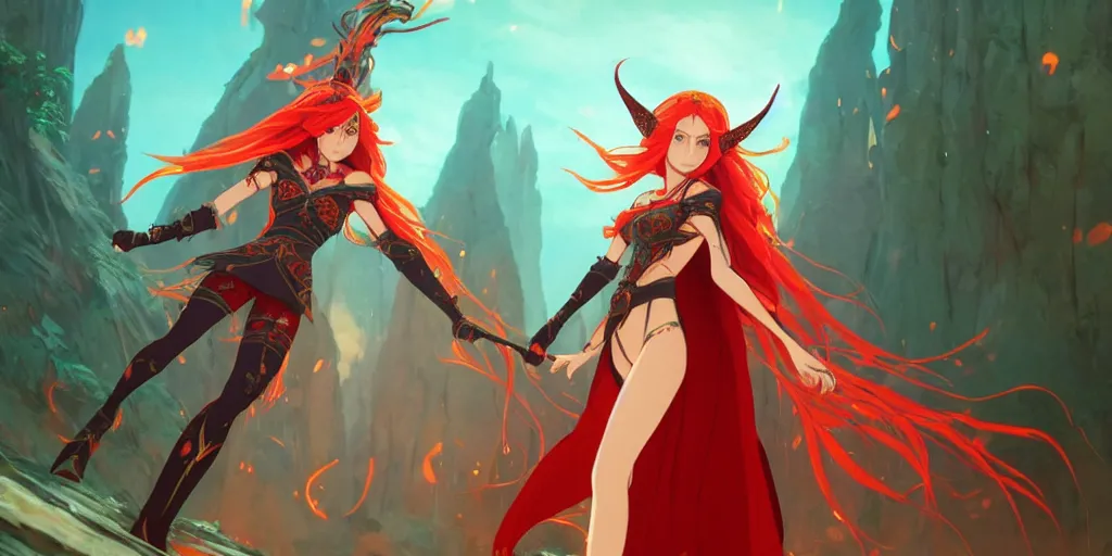 Prompt: an elven sorceress with red long hair in a very good beautiful heavy scale armor, wearing a cape, casting a fire spell, dungeon background, magical, bright, colorful, fantastic lighting, amazing details, 4 k uhd, illustration by hayao miyazaki and makoto shinkai and ilya kuvshinov, artstation, pixiv,