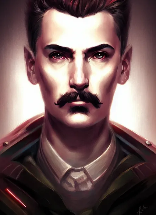 Image similar to « a portrait o cyberpunk joseph stalin, glowing eyes, a digital painting by charlie bowater, featured on cgsociety, fantasy art, behance hd, wiccan, artstation hd »