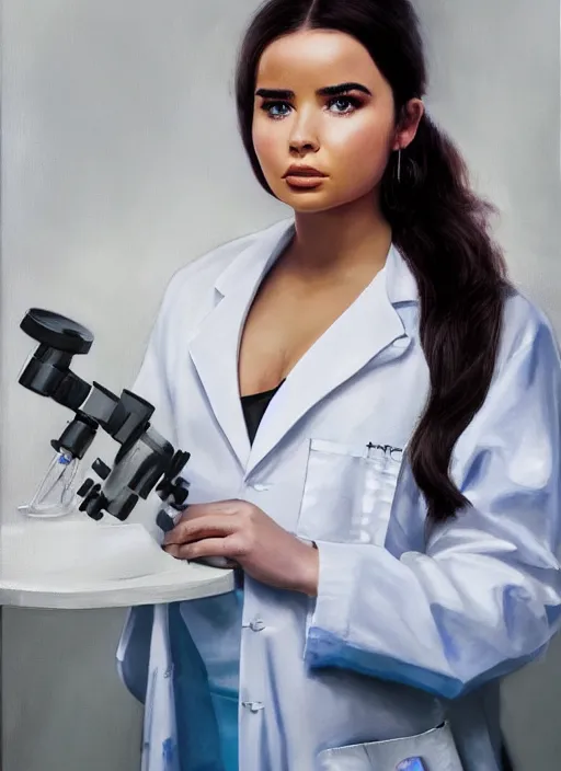 Prompt: demi rose wearing a labcoat in a biology lab, microscope on the table, expressive oil painting, matte art, trending on artstation, sunlit, octane render, brushstrokes, beautiful face portrait, beautiful lighting