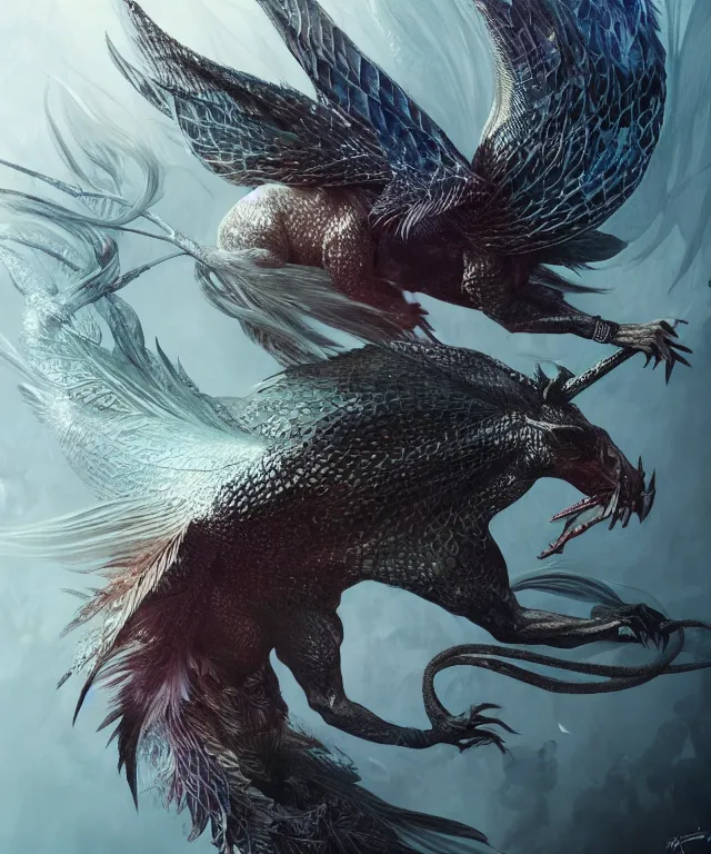 Prompt: a mythical creature covered in scales and feathers spitting acid, fantasy, elegant, digital painting, artstation, concept art, matte, sharp focus, illustration, art by aleksi briclot