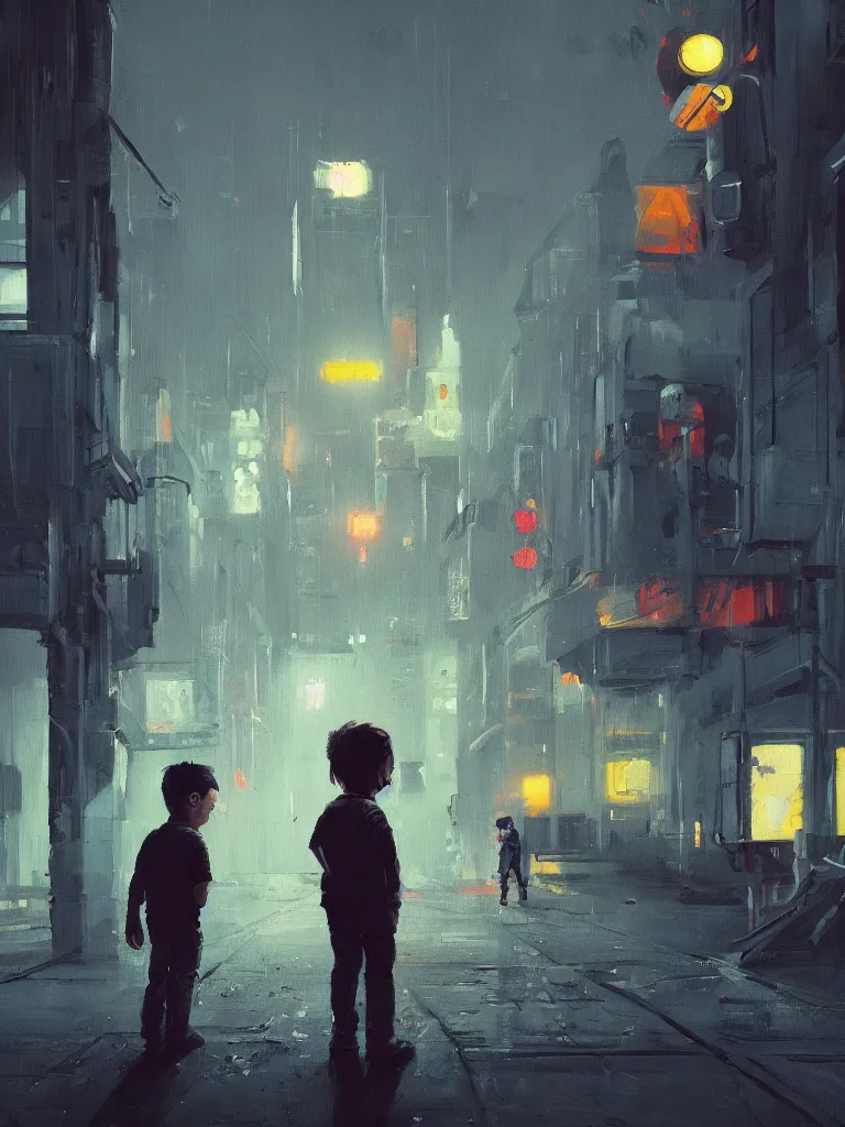 Prompt: a single little boy in a dark alley in a big city with neonlights by night a painting from stalenhag, 4 k, 8 k, hdr, artstation, concept art