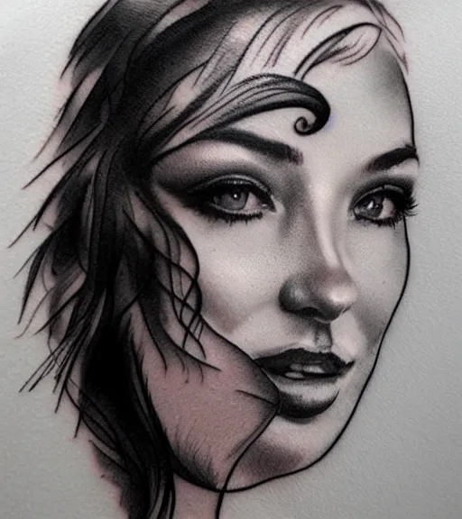 Image similar to tattoo design sketch of the most beautiful woman portrait with a background of beautiful mountains on the side, hyper - realistic, double exposure effect, in the style of den yakovlev, amazing detail, black and white, faded