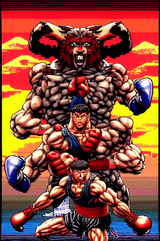 Prompt: extreme long shot. 8 bit nes graphics. antropomorphic muscular masculine wolf. kickboxer fighter, in shorts. wolf head. streetfighter, contra. fine details, very sharp, art from nes game cartridge, 8 0's, vhs artefacts, vaporwave style, marc simonetti and hermann nitsch