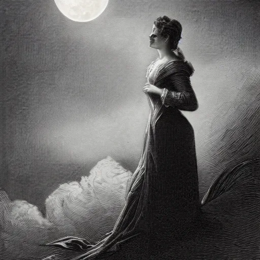 Prompt: side portrait of a victorian lady, widow, dramatic clouds, moon, depth, shadow, dramatic light, Chiaroscuro, illustration by Gustave Doré