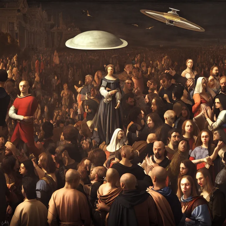 Image similar to portrait of beautiful man in a crowd of medieval people surrounding UFO flying saucer, dream-like atmosphere, baroque portrait painting, perfect portrait composition, beautiful detailed intricate insanely detailed octane render trending on Artstation, 8K artistic photography, photorealistic, soft natural volumetric cinematic perfect light, chiaroscuro, award-winning photograph, masterpiece, Raphael, Caravaggio, Greg Rutkowski, Beeple