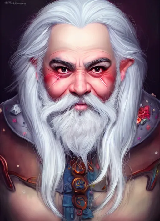 Prompt: happy dwarf with white hair, red iris, long beard, pale snow white skin, full body character portrait, colorful aesthetic, highly detailed, digital art by artgerm