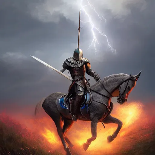 Prompt: knight mounted in a horser, wielding a greatsword of fire with electricity element, standing in frontal of a castle, castle realistic, armor elemental hyperrealism, big forest world fantasy hyperrealism, sky with lightning clouds, hyperrealism by greg rutkowski hyperrealism