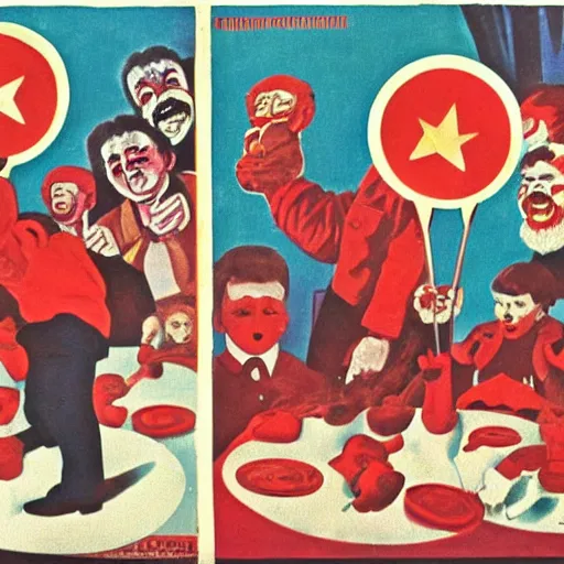 Prompt: communist clown painting soviet propaganda style in poster style portrait hungry children in the background