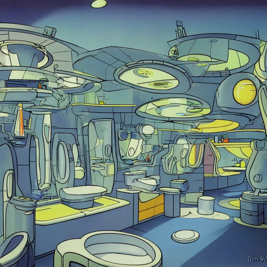 Prompt: concept art of jetsons cartoon bathroom, painted by tim white