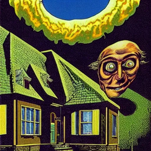 Image similar to a house with a face, looking surprised, by richard corben. pulp horror art