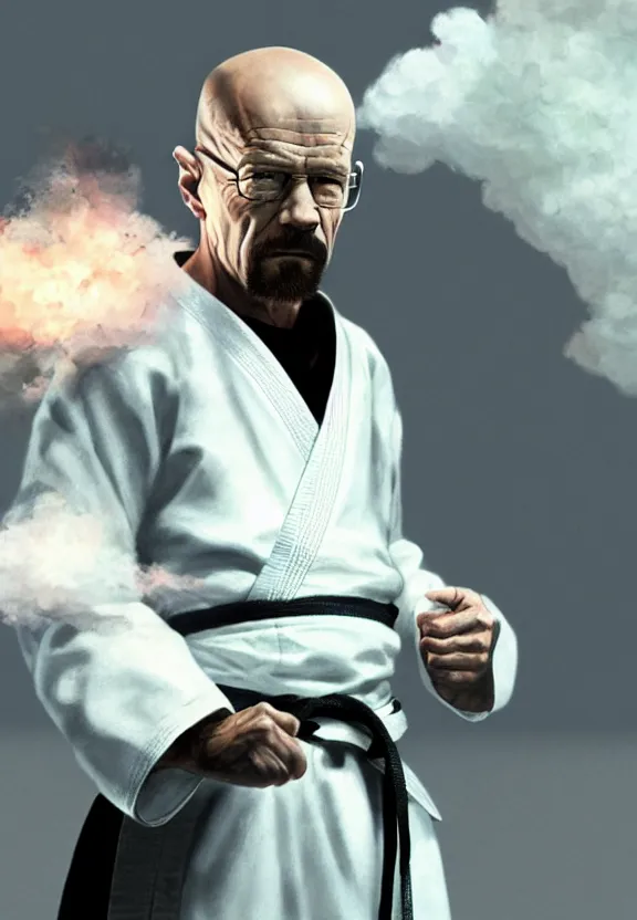 Image similar to serene Concept art of grandmaster walter white wearing a white martial artist gi, bald head and white beard, surrounded by white smoke, smoky, by Chen Uen, art by Yoji Shinkawa, 4k