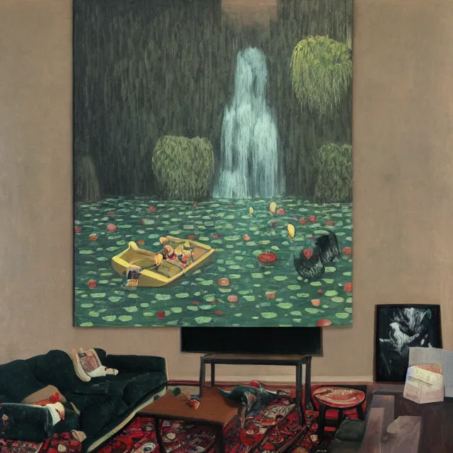 Image similar to painting of flood waters inside an apartment, tall female emo art student, a river flooding through a wall, tangelos, zen, pigs, ikebana, water, river, rapids, waterfall, black swans, canoe, pomegranate, berries dripping, acrylic on canvas, surrealist, by magritte and monet