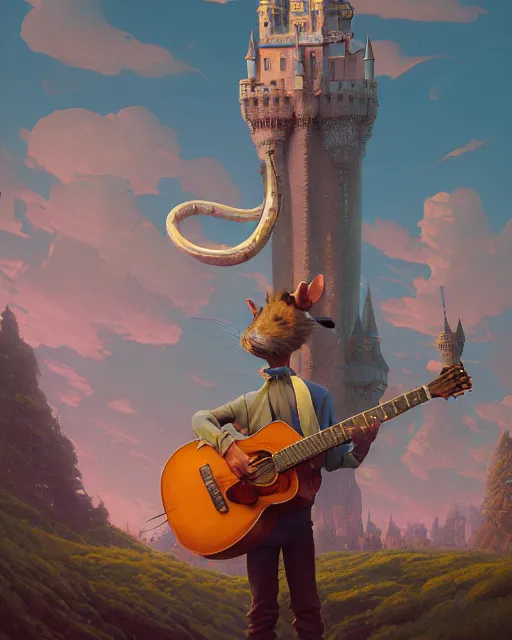 Image similar to highly detailed surreal vfx portrait antropomorphic rat holding guitar looking castle in the distance stephen bliss unreal engine greg rutkowski loish, rhads, beeple, makoto shinkai and lois van baarle ilya kuvshinov rossdraws, tom bagshaw, alphonse mucha, global illumination, detailed and intricate environment