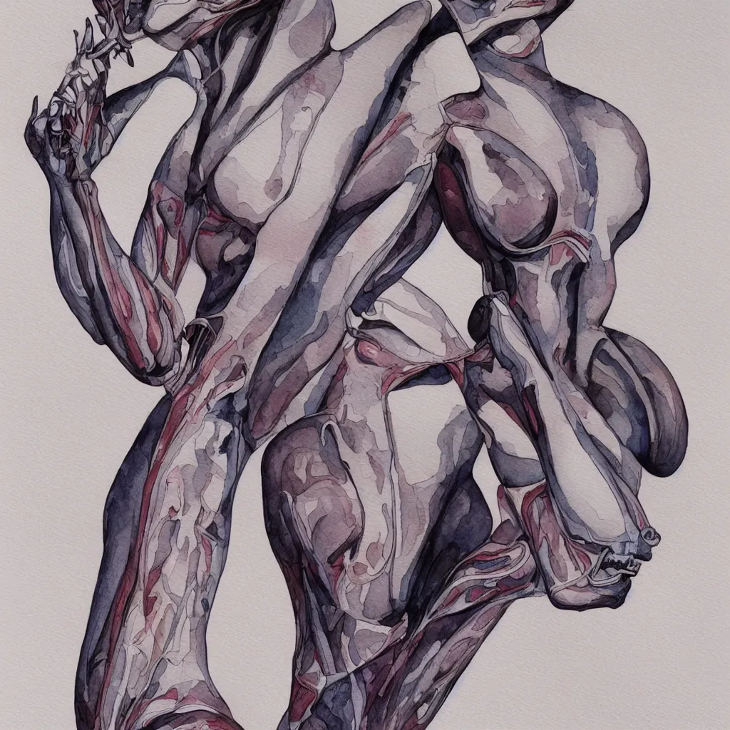 Image similar to anatomical depiction of a beautiful alien femme biology, latex domme, extraterrestrial, sharp focus, by james gurney, by santiago calatrava, by zaha hadid, ornate portrait, high quality, watercolor