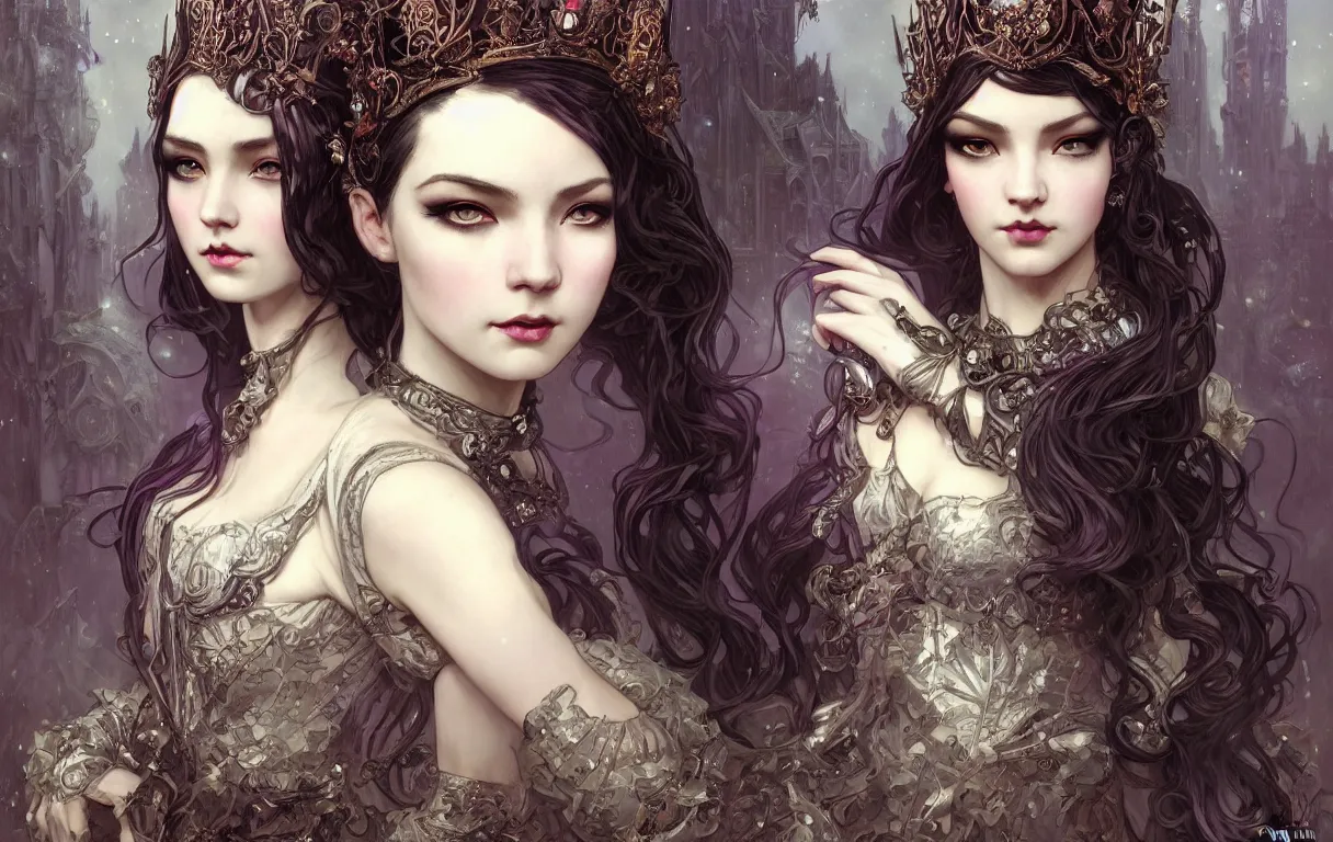 Image similar to beautiful and luxury and victorian and gothic and dieselpunk young medieval dark crown princess portrait like blackpink lisa + smoky eyes + front face with light flowing hair, ultradetail face, art and illustration by tian zi and craig mullins and wlop and alphonse mucha, fantasy, intricate complexity, human structurefantasy character concept, watermark, blurry, hyperrealism 8 k