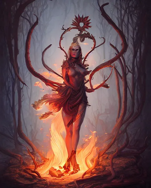 Image similar to liquid smoke and fire nicole aniston, autumn overgrowth, ancient relic archaic burning inscriptions, peter mohrbacher, artgerm, ross tran