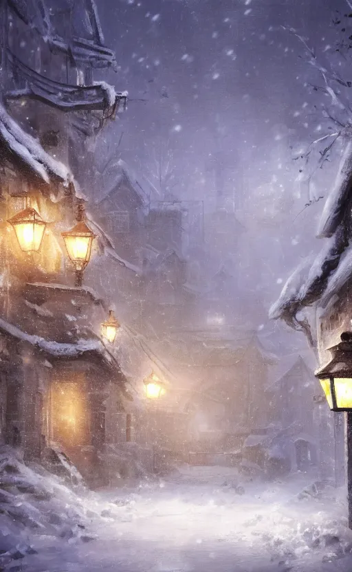 Image similar to a blurry ambient lantern in the distance of a snowy village at night, dynamic lighting, ambient lighting, atmospherical, photorealistic fantasy concept art, trending on art station, stunning visuals, creative, cinematic, ultra detailed