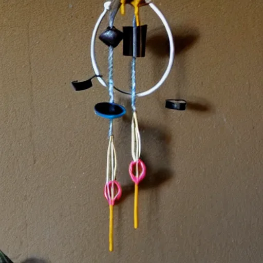 Image similar to This is a sketch of a wind chime made from the pieces of a broken mug. It shows the mug handle as the top piece with strings attached to it, and the bottom pieces of the mug hanging down like little bells, detailed, iso 400