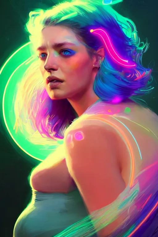 Image similar to a award winning portrait of a beautiful woman with stunning eyes in a one off shoulder crop top and cargo pants with rainbow colored hair, outlined by whirling illuminated neon lines and fine lines swirling in circles by greg rutkowski, digital art, trending on artstation