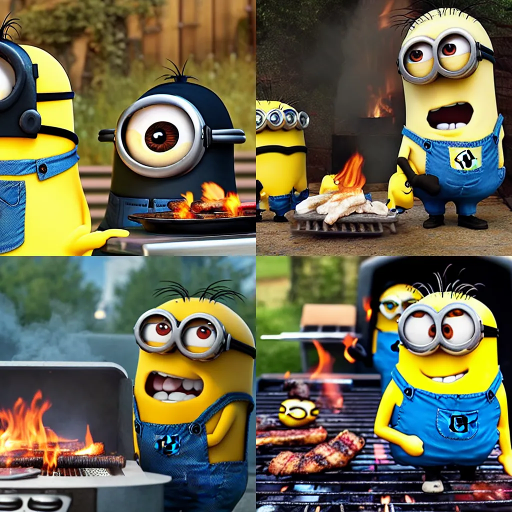 Prompt: Gru grilling a minion on a barbecue, evil, dramatic