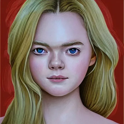 Image similar to professional painting of Elle Fanning in the style of Akira Toriyama, head and shoulders portrait, symmetrical facial features, smooth, sharp focus, illustration, intricate, stormy weather, extremely detailed masterpiece,